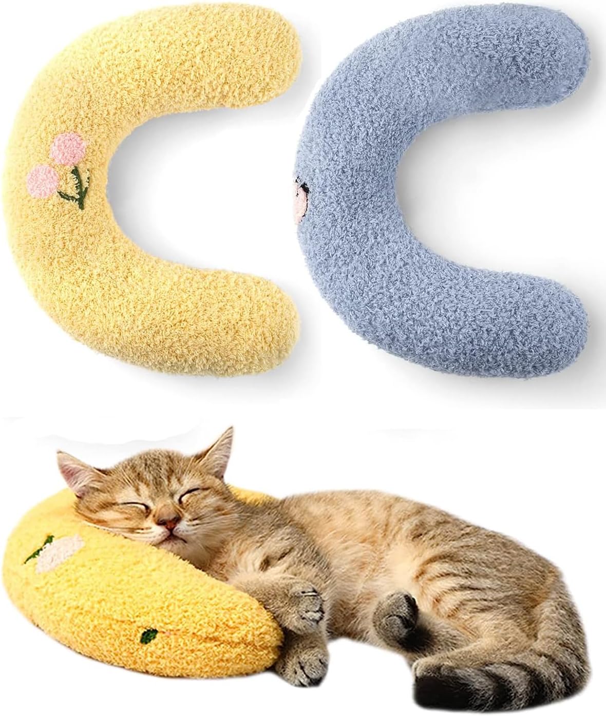 Pack of 2 Pillows for Cats, Washable, Soft Fluffy Pet Soothing Toy, Catnip Plush Toy, Neck Pillow for Pets, U-shaped Pillow for Sleeping, Resting, Playing