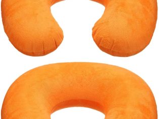 2pcs Inflatable Travel Pillow Airplane Neck Pillow Plush U-Shaped with Removable Washable Cover Blow Up for Office Sleeping Neck Chin Lumbar Support, Orange