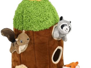 Hide and Seek Dog Puzzle Puppy Toys, Interactive Squeaky Plush, Stuffed Toys for Dogs (Sheep, Panda, Forest Animals) (Tree Hole Mix Large)